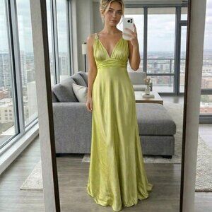 Vintage Y2K Prom Dress Size M Couture Satin Evening Gown Chartreuse Green Beaded